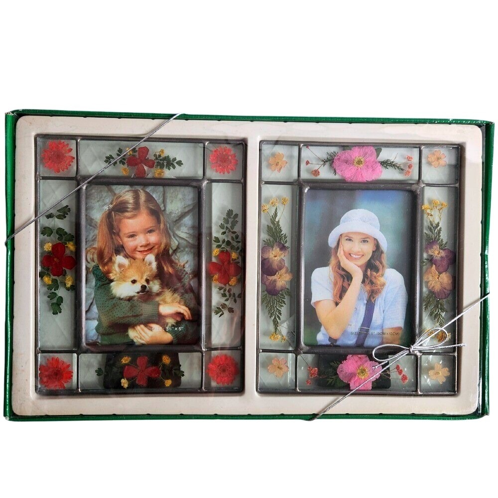 Vintage Picture Frame Set Floral Dried Flowers Clear 2 Stain Glass 90s NEW